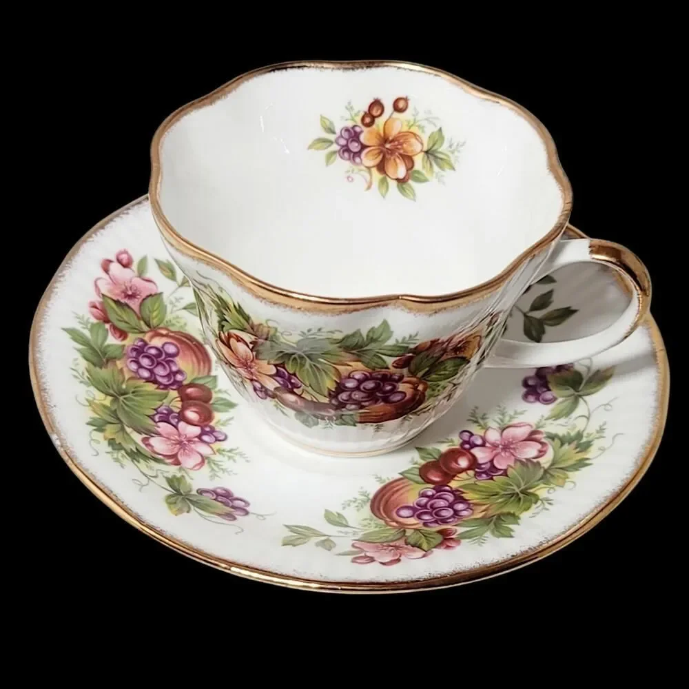 RARE VINTAGE ROYAL MINSTER TEA CUP AND SAUCER FINE BONE CHINA FLOWERS AND FRUITS